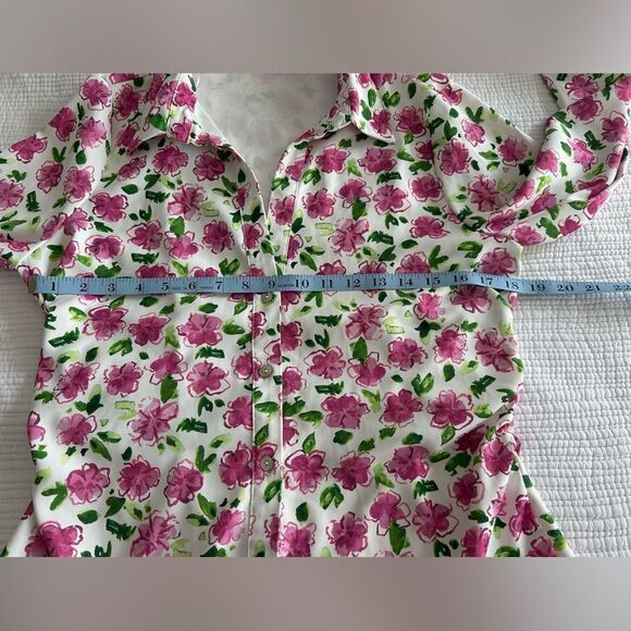 Zara Women’s Floral White with Vibrant Pink Button Down Top Blouse Size Large - Picture 10 of 15